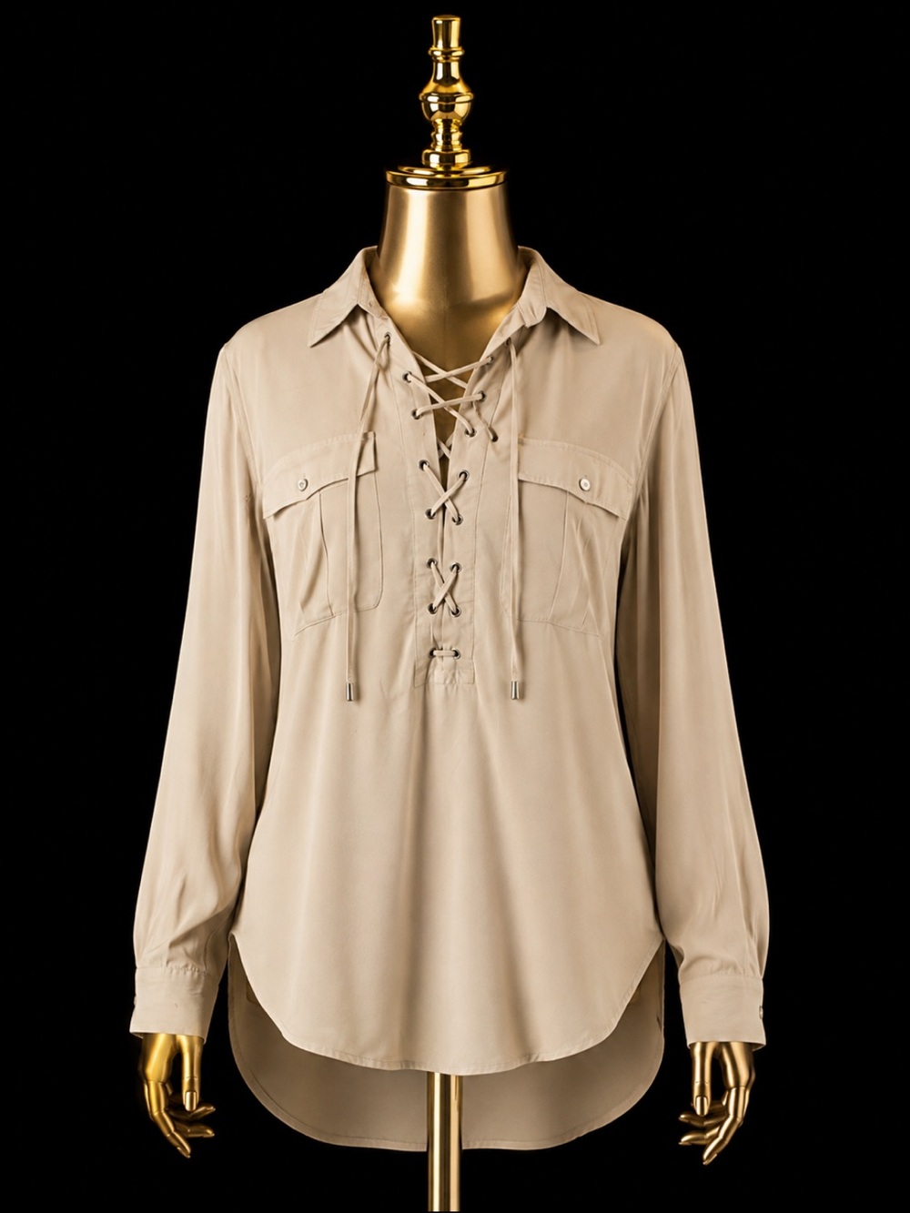 Tie-Front Long Sleeve Blouse in Beige